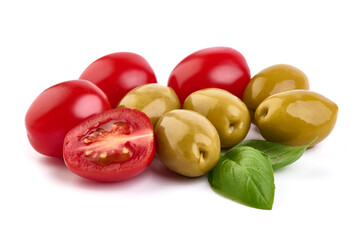 Fresh cherry tomatoes and olives, isolated on white background.