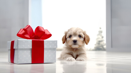 An adorable beige maltipoo puppy poses next to a Christmas present tied with a red bow, in a festive home light setting decorated with Christmas decorations, bokeh effects and copy space.