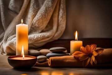 Fototapeta na wymiar spa still life with candles, Amidst the soft glow of a single candle, a plush towel is neatly folded, and zen stones are carefully arranged in a serene circle
