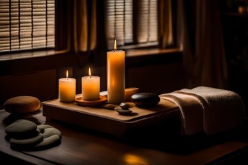candles in a room, Amidst the soft glow of a single candle, a plush towel is neatly folded, and zen stones are carefully arranged in a serene circle