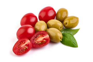 Fototapeta na wymiar Fresh cherry tomatoes and olives, isolated on white background.