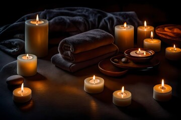 Obraz na płótnie Canvas candles on the table, Amidst the soft glow of a single candle, a plush towel is neatly folded, and zen stones are carefully arranged in a serene circle
