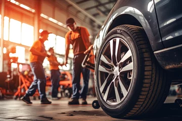 Fotobehang Car mechanics changing tire at auto repair shop garage.  © Bargais