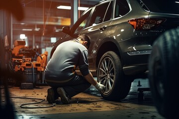Car mechanics changing tire at auto repair shop garage.	