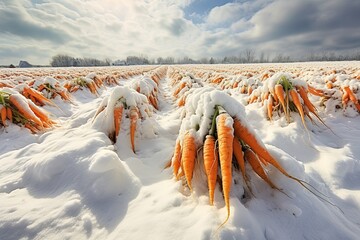Carrots under snow. - obrazy, fototapety, plakaty