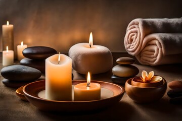 Fototapeta na wymiar candles on the table, Amidst the soft glow of a single candle, a plush towel is neatly folded, and zen stones are carefully arranged in a serene circle