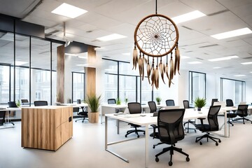 A dream catcher integrated into a modern office space, symbolizing a balance between creativity and productivity in the workplace, with soft, natural lighting.