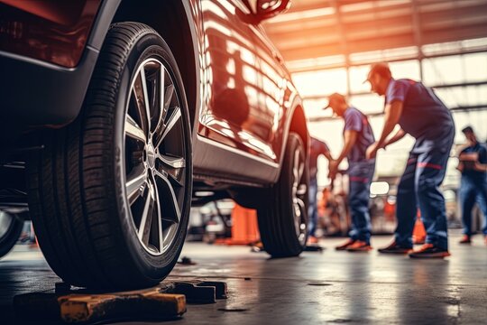 Car mechanics changing tire at auto repair shop garage.	
