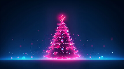 Happy New Year party poster design with neon color Christmas tree and star on dark background with neon bokeh and copy space. Luminosity xmas  decoration.