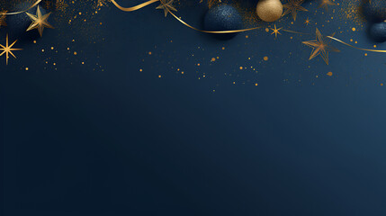 Christmas and New Year minimalistic top view background. Golden star and blue Glass Balls on Navy blue background with copy space for text. The concept of Christmas and New Year holidays