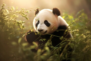 Cute adorable kawaii panda living in the bamboo forest