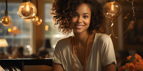 cute young african american woman in the evening in a festively decorated cafe. 