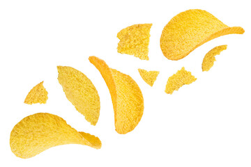 Potato chips isolated on white background with clipping path and full depth of field. Top view. Flat lay.