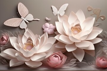 Beautiful 3D wallpaper featuring lotus flower, pearl, butterfly, and attractive background. Generative AI