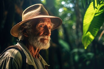 Elderly backpacker with a wide-brimmed hat at Amazon rainforest. 
