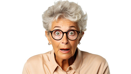 Mujer mayor expresando sorpresa y emoción de shock. - obrazy, fototapety, plakaty