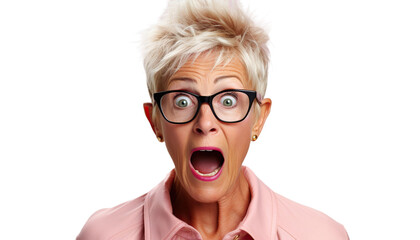 Mujer mayor expresando sorpresa y emoción de shock. - obrazy, fototapety, plakaty