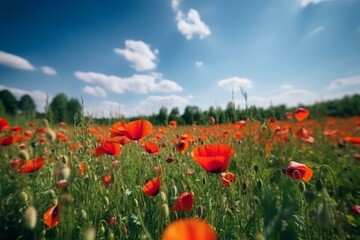 Vibrant field with blooming red poppies, closeup. Meadow of red poppies against blue sky. Scenic nature in summer. Generative AI