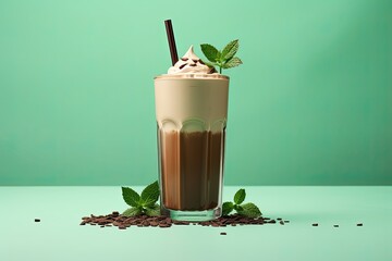 Peppermint mocha - mint mocha - a classic combination of chocolate, mint and coffee. On a light green background. - obrazy, fototapety, plakaty