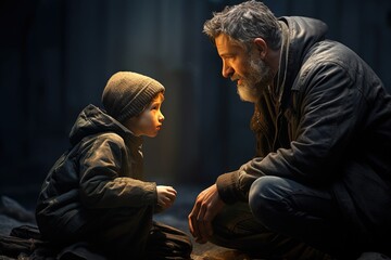 Homeless man and little boy.
