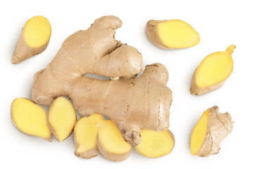 Fresh Ginger root and slices isolated on white background