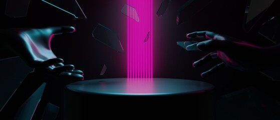 3d illustration rendering of technology futuristic cyberpunk display, gaming scifi stage pedestal background, gamer banner sign of chromatic psychedelic fluorescent podium - obrazy, fototapety, plakaty