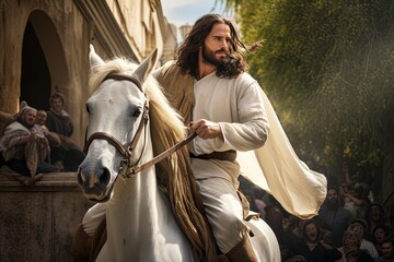 Jesus Christ riding a white horse into Jerusalem.