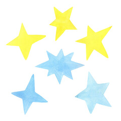 Set of watercolor illustrations. Set of yellow and blue stars in children's style. Elements for designs, stickers, greeting cards, patterns