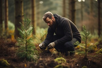 Male forester saplings spruces in woodland.
