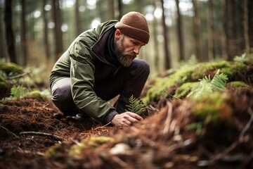 Male forester saplings spruces in woodland.