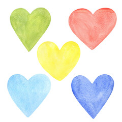 Watercolor illustration. Set of colorful hearts. Element for design, stickers, greeting cards for lovers day