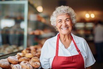 Old woman baker smiles at a bakery.	
