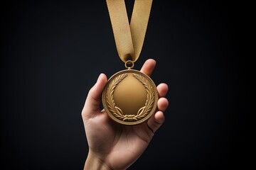 Person's hand holding a medal.