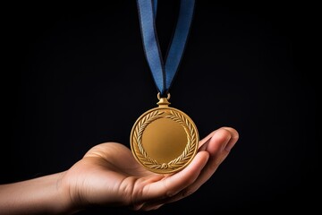 Person's hand holding a medal.