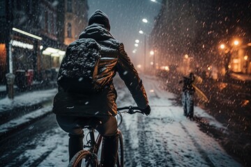 Cyclist riding through city streets at snowy winter day.