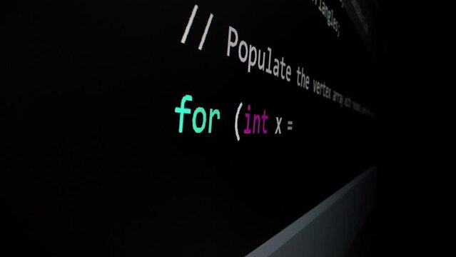 Closeup macro shot movement of coding script moving across LED screen with real-time AI-generated typing, showcasing advanced AI learning in optimization, debug and coding for software development.