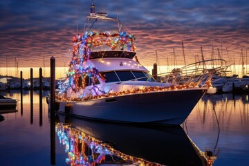 Christmas Boating: Festive Night Lights on a Decorated Harbor Boat in a Serene Water Landscape