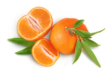 Tangerine or clementine with green leaf isolated on white background with full depth of field. Top view. Flat lay