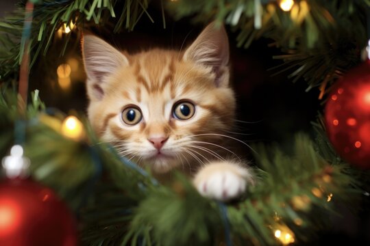 Cat Christmas Tree. Adorable Kitten Festively Posing Among Holiday Decor in a Christmas Tree