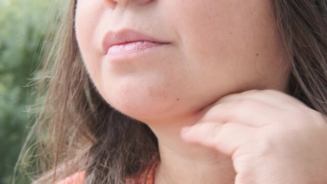 close up part face mature woman 50 years old, human fat neck, side view, double saggy chin, deep wrinkles, age-related skin changes, cosmetic anti-aging procedures, Health and Wellness