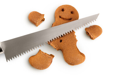 Gingerbread man isolated on white background. Top view. Flat lay.