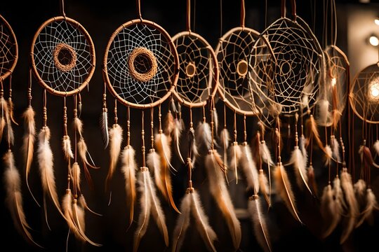A series of dream catchers of various sizes and designs, elegantly displayed in an art gallery, with soft, focused lighting to emphasize their artistic value.