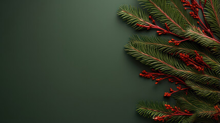 Minimalist Christmas background. Artificial decorative Christmas tree branches flat lay. Spruce twigs laid out on dark green backdrop with copy space for text