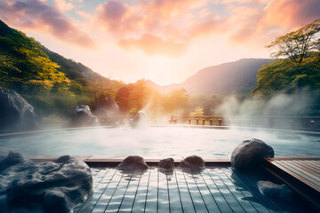 A hot spring in Japan. Spa treatments in Japanese style. Relaxation and jacuzzi. Body rest.