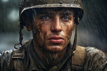 Portrait of World War II soldier under the rain.