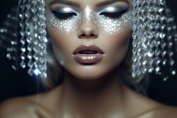Portraite closeup of a young woman with creative metallic makeup and closed eyes. Luxury style. AI Generated