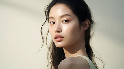 Portrait of beautiful young Asian girl with serious countenance looking at camera. Illustration