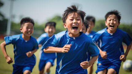 Fototapeta premium A group of excited Asian children playing soccer