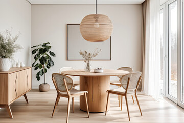 Chic interior design of modern scandinavian dining room with round wooden table.