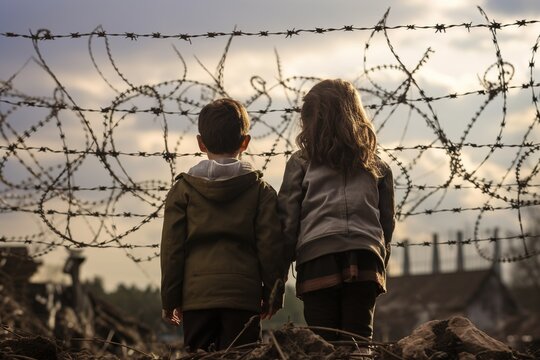 Refugees kids in front of barbed wire border.